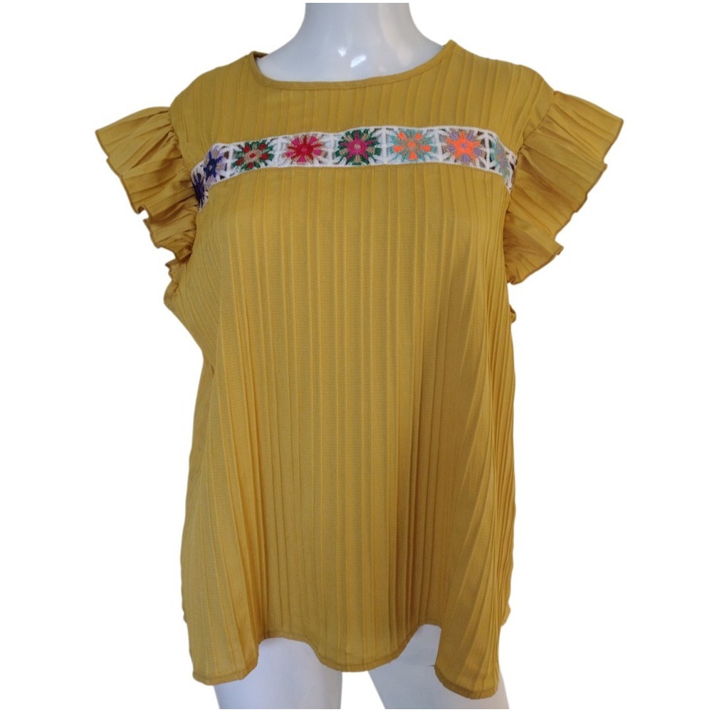 Unbranded‎ Blouse Women XXL Yellow Textured Flutter Sleeve Bohemian Crochet